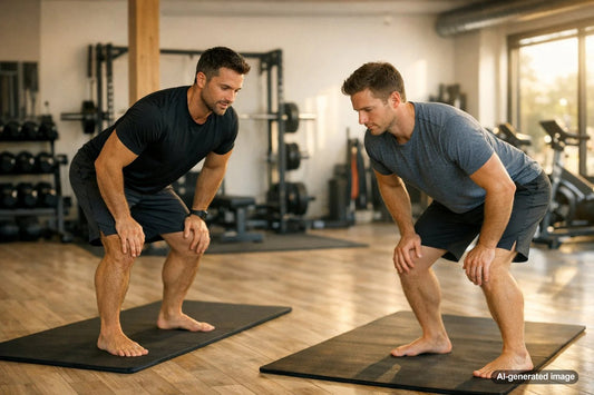 Personal trainer coaching adult client through strength exercise