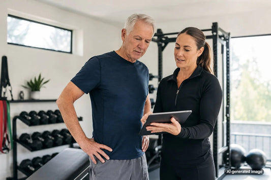Adult fitness client reviewing an accountability-based workout plan