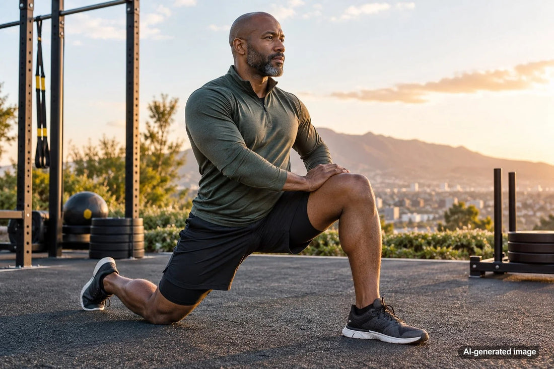 Adult demonstrating controlled strength and mobility movement during a fitness workout