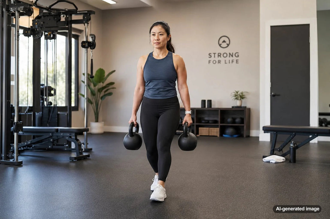 Adult carrying weights during a practical strength training session