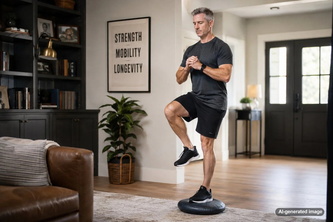 Adult performing a glute strength exercise to support standing balance