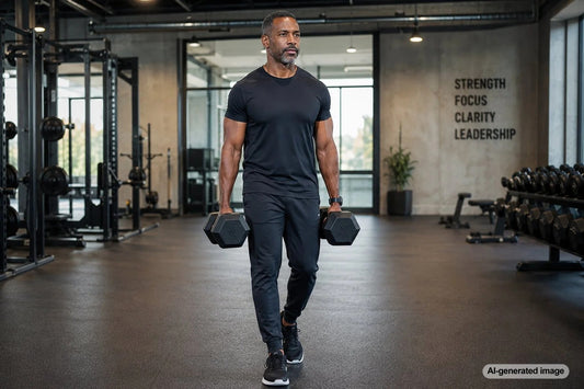 Business executive performing a focused heavy strength-training exercise