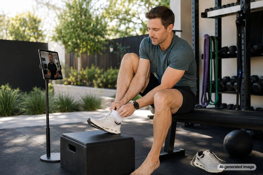 Adult using hip mobility to put on a shoe and sock
