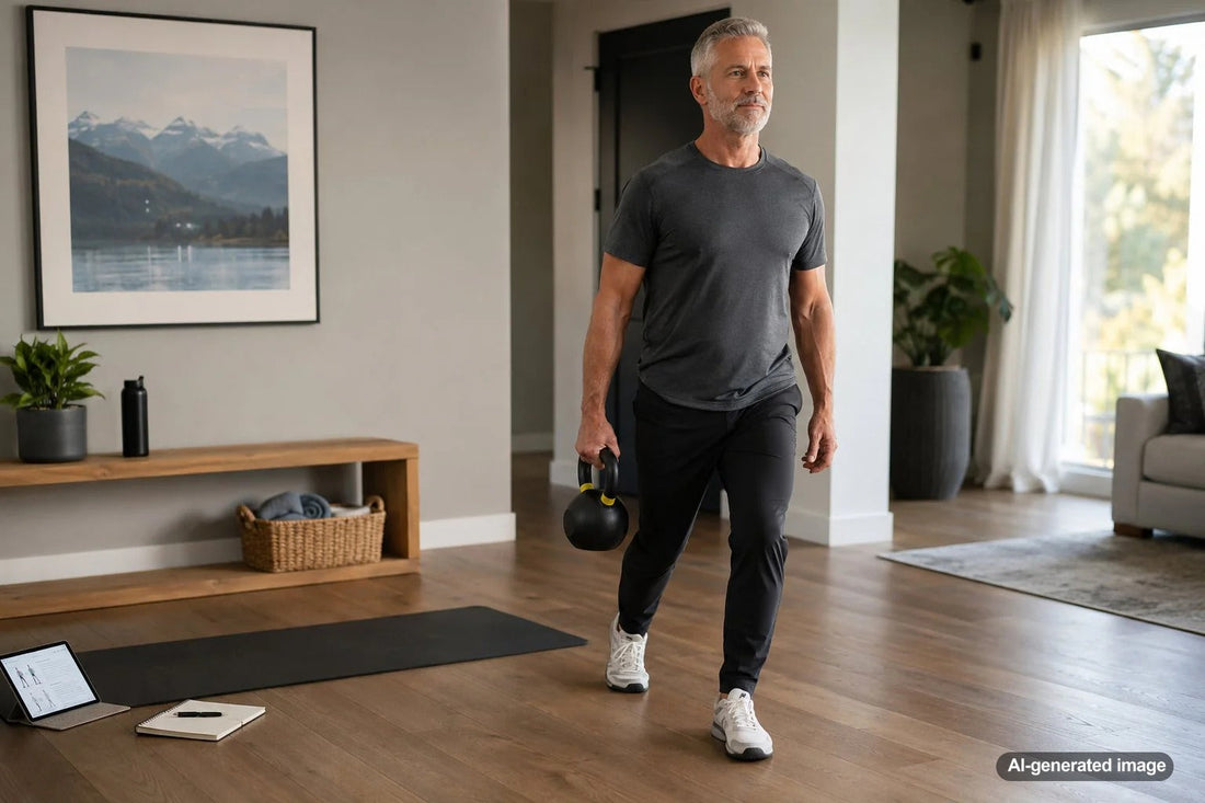 Adult performing a controlled hip stability exercise in a home workout space
