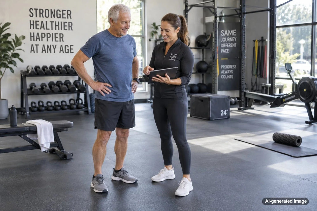 Adult adapting a fitness routine during a major life transition