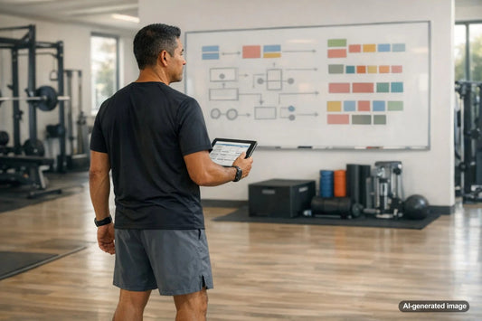 Coach guiding an adult through a structured fitness approach