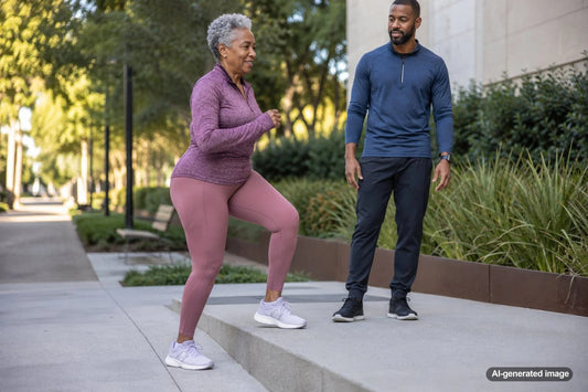 Adult practicing controlled movement during a strength and mobility workout