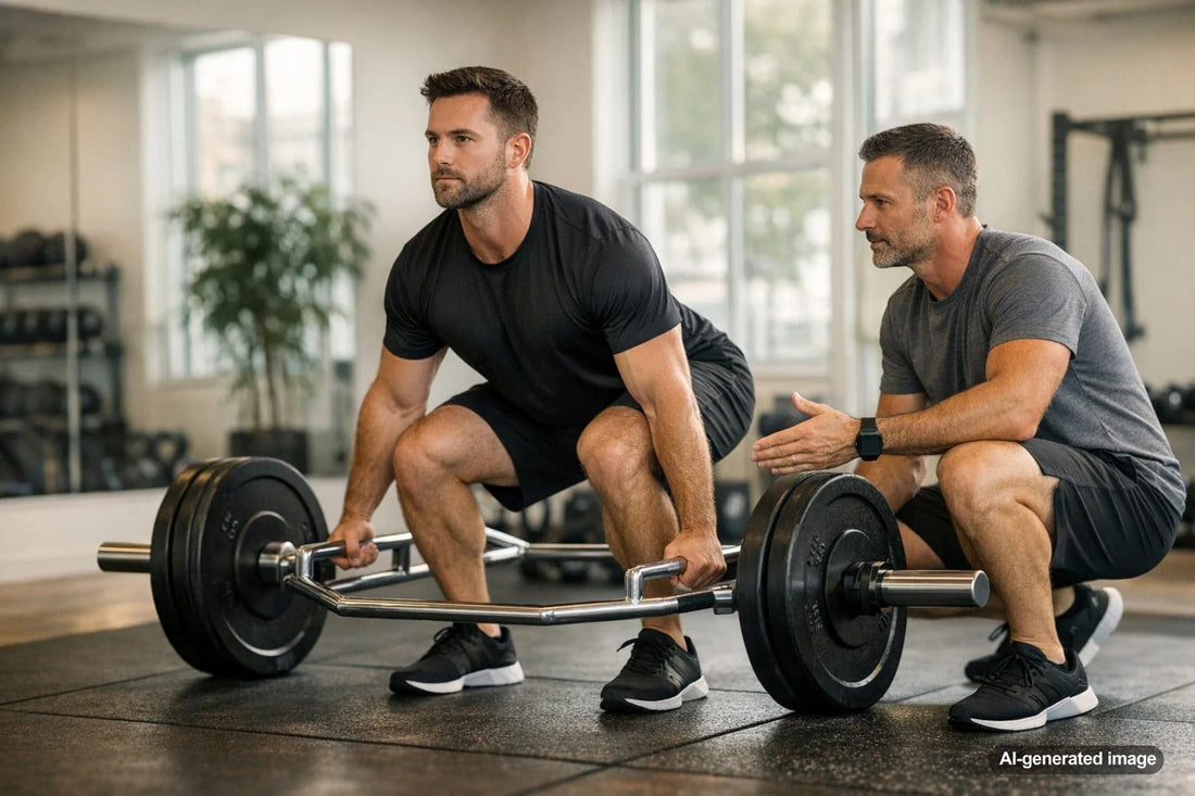 Personal trainer guiding an adult through a strength training session