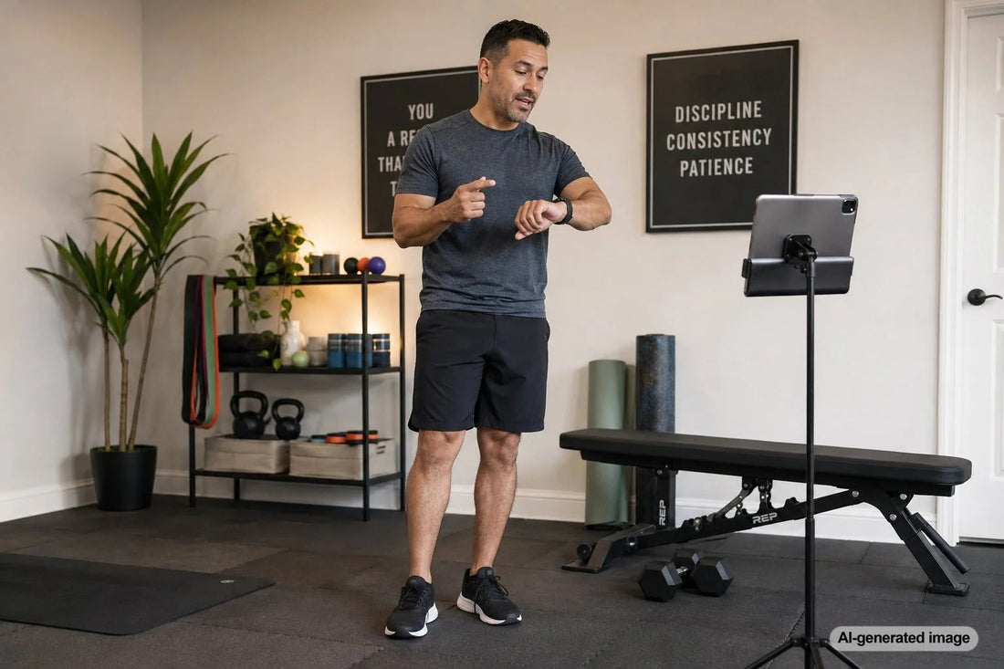 Coach guiding a busy adult through a personalized workout in a private training studio
