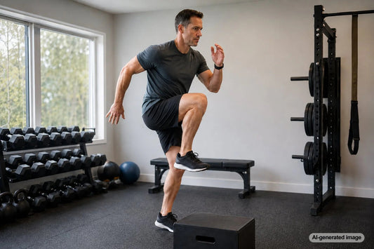 Adult performing a controlled power exercise during a strength workout