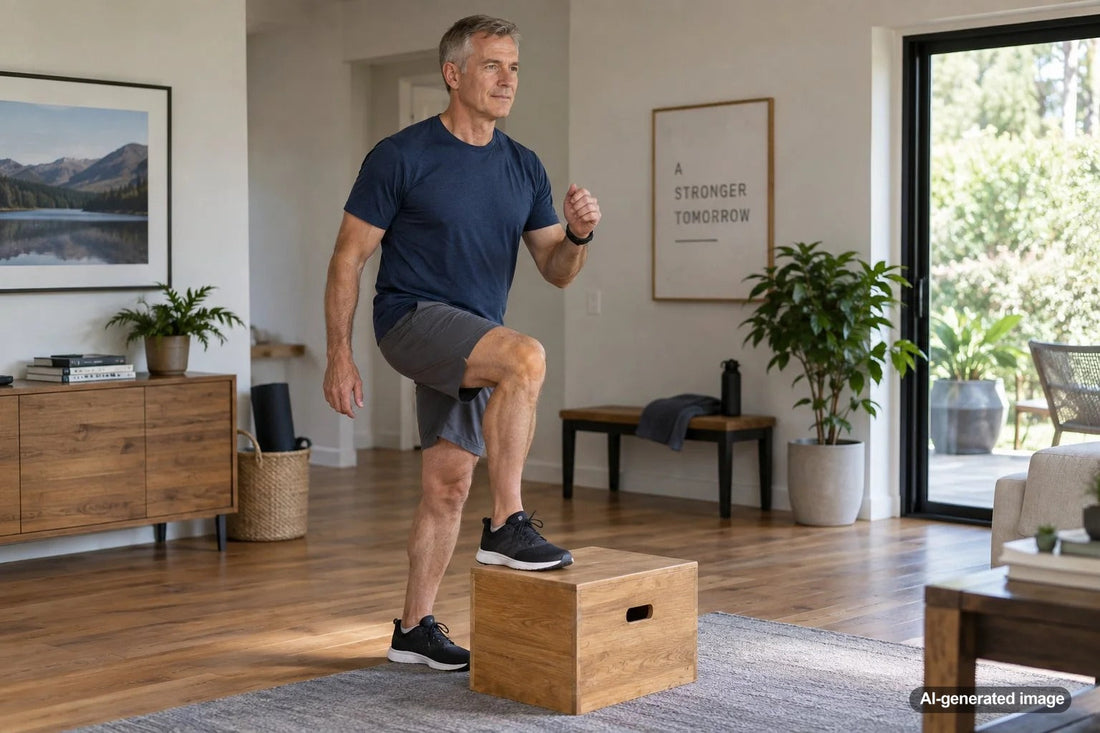 Adult performing a controlled single-leg strength exercise