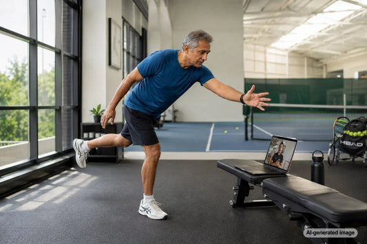 Adult performing a controlled single-leg strength exercise