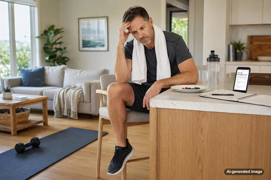 Adult feeling low energy while preparing for a strength training workout