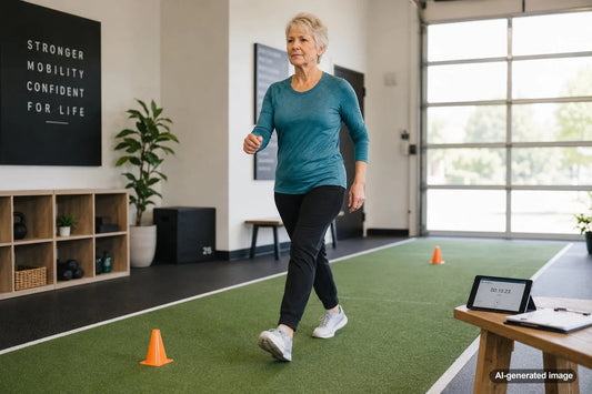 Adult walking at a purposeful pace outdoors