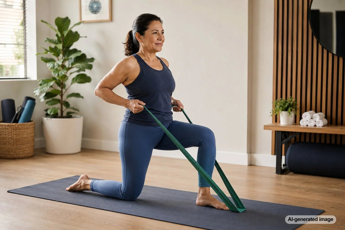 Adult using a resistance band during a yoga mobility routine