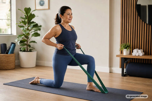 Adult using a resistance band during a yoga mobility routine