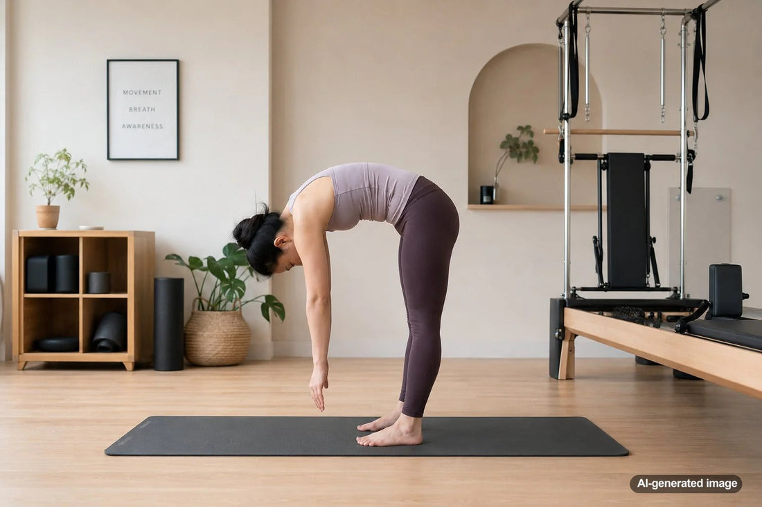 Adult practicing Pilates spinal mobility on a mat