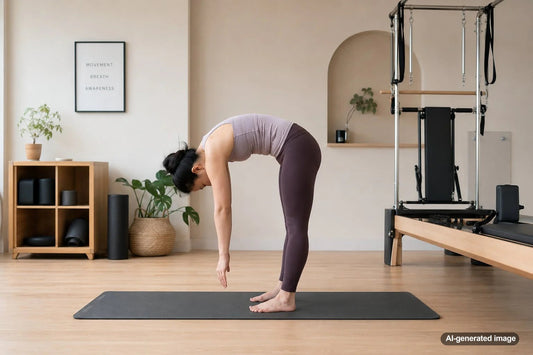 Adult practicing Pilates spinal mobility on a mat