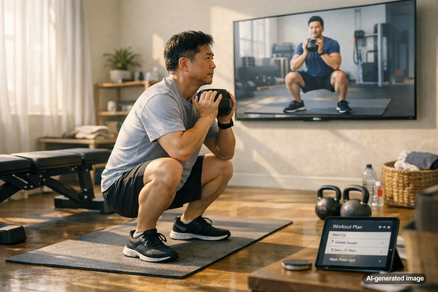 Person following an online coaching fitness plan at home with guidance on a device