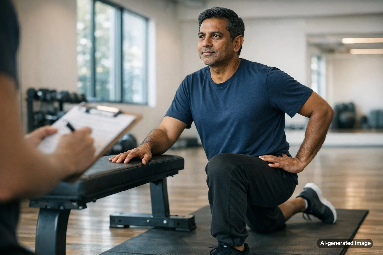 Adult performing controlled lower body exercise with knee pain awareness