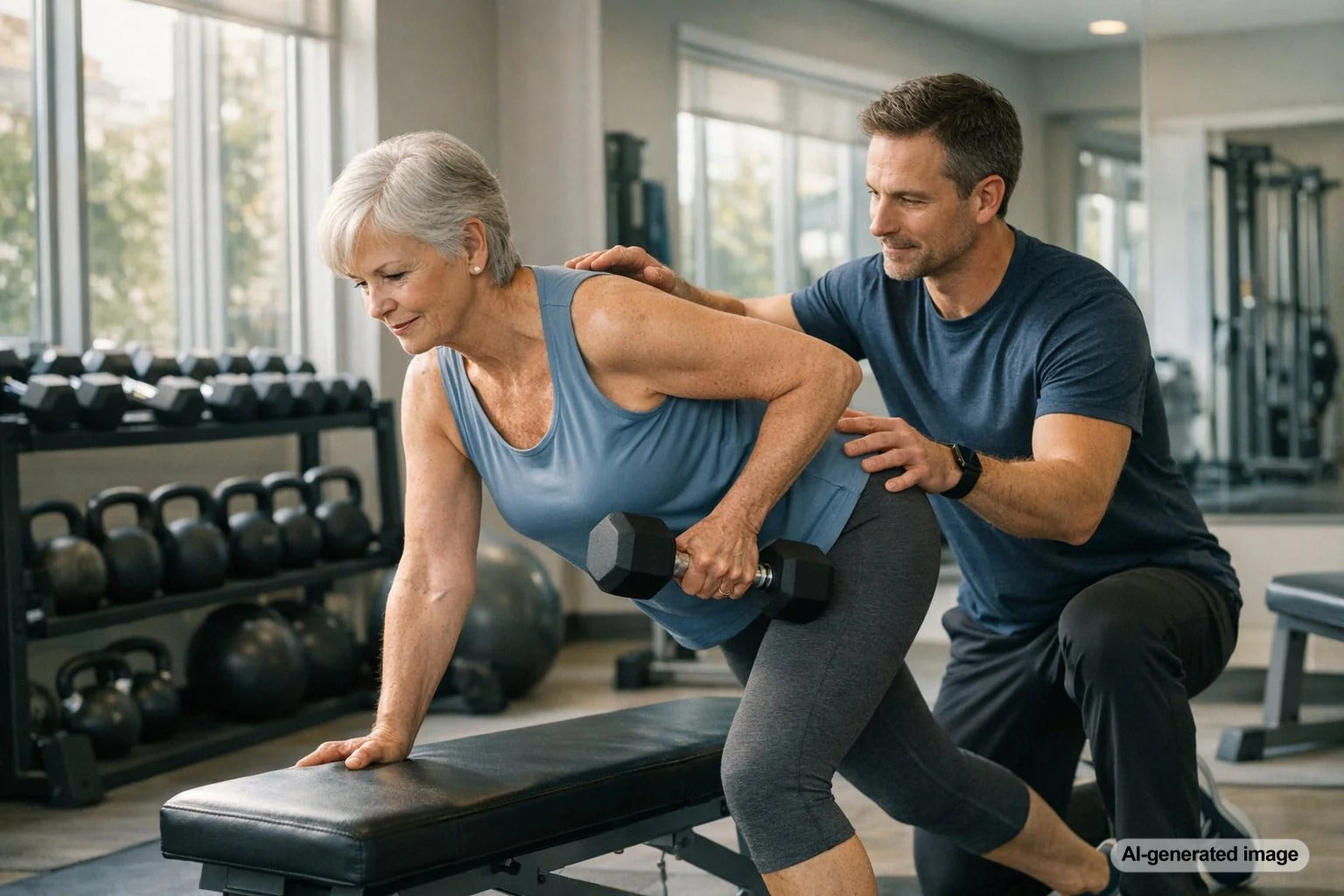 Adult working with a personal trainer focusing on strength and mobility